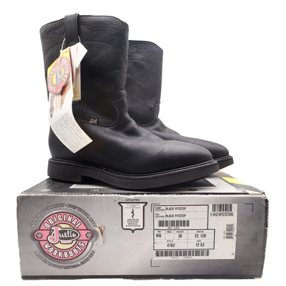 Justin Boots Mens 12 EE Black Leather Work Boots Pull On Roper 4763 NIB